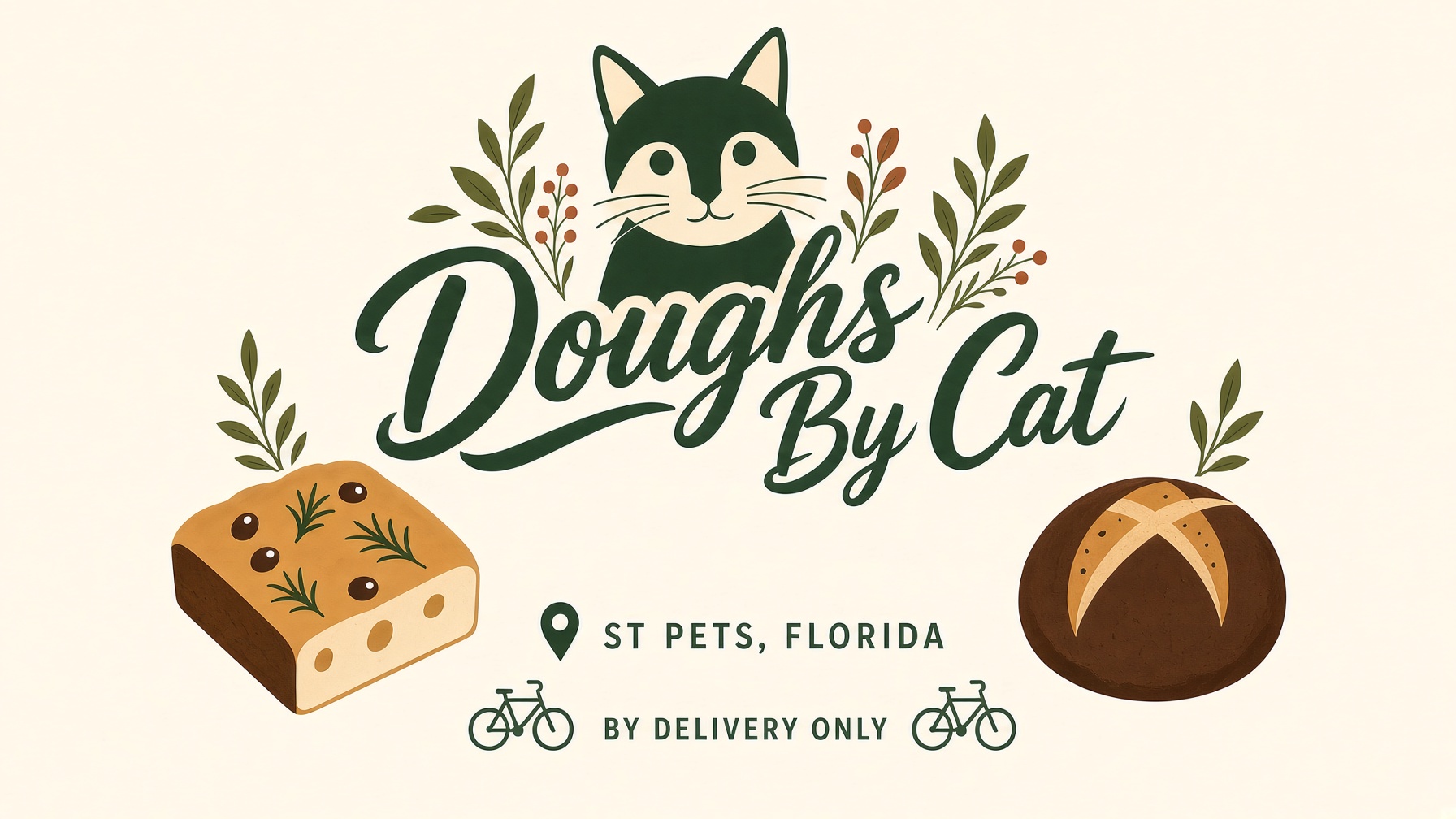 Doughs By Cat emblem: a tuxedo cat framed by leafy berry branches